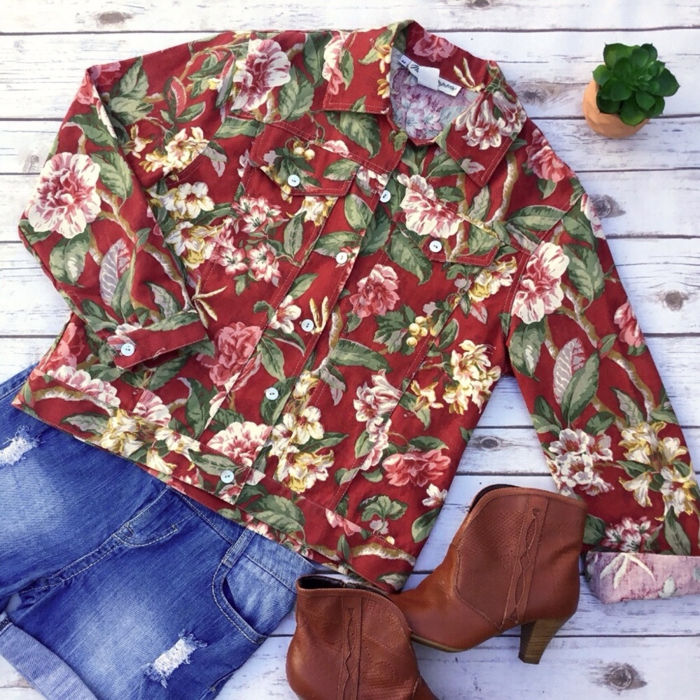 Norm Thompson Floral Print Denim Jacket On Trend!